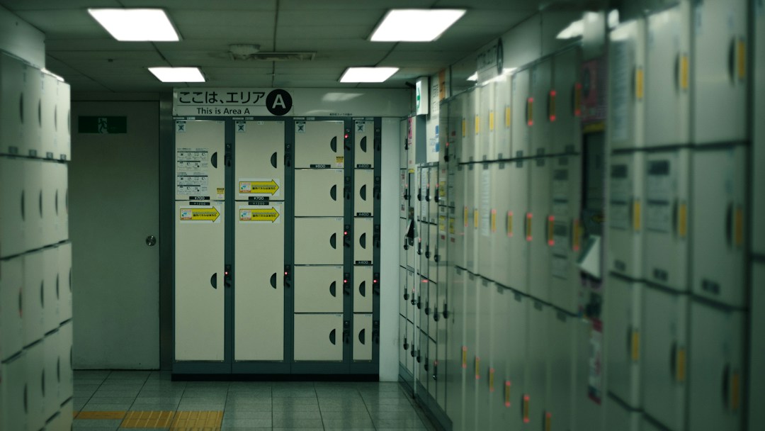 Rows of coin lockers at Shinjuku Station in Tokyo for temporary luggage storage