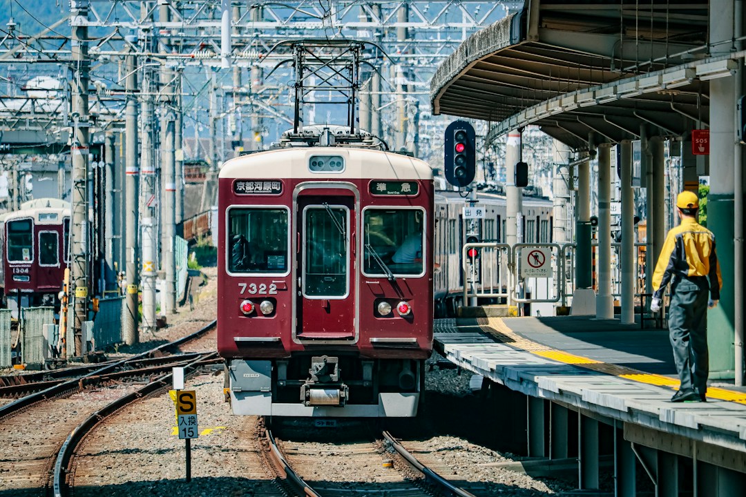 Japanese train traveling through the Kyoto area toward Arashiyama