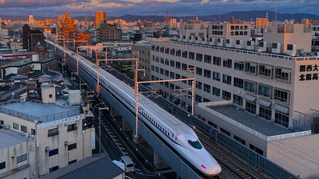 Shinkansen traveling through Japan on the Tokyo to Kyoto route