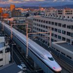 Shinkansen traveling through Japan on the Tokyo to Kyoto route