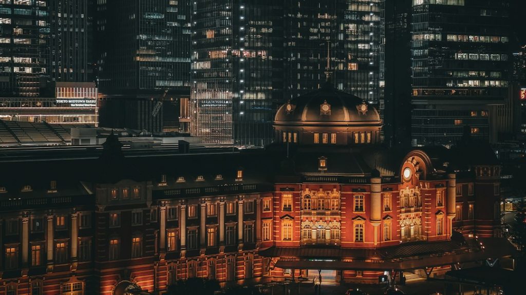 Tokyo Station glowing at night in central Tokyo, Japan
